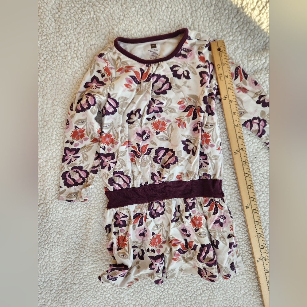 TEA COLLECTION Wine Cream Floral Drop Waist LS Dress Toddler 3